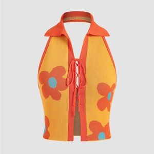 NWT - Cider Floral Contrast lace-up halter top - medium